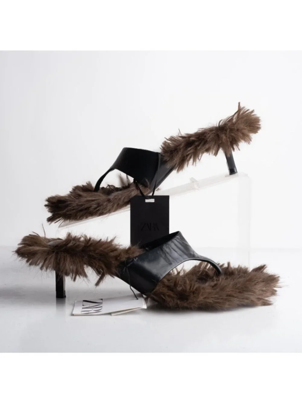 Zara Womens Leather Faux Fur sandals Thong Mule Heels Brown US 6.5 EU 37 NWD - Picture 2 of 8